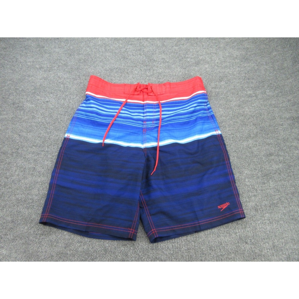Speedo Mens Swim Trunks Regular Blue Red Striped Mesh Liner L